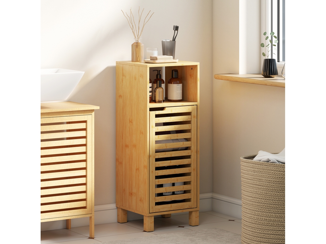 Badezimmerschrank, Offenes Regal, Schrank, Bambusholz, Lamellentür, Hellbraun