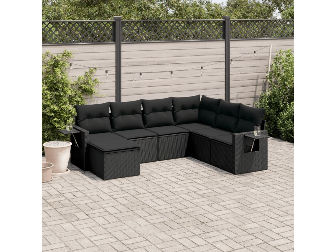 7 Pcs Conjunto De Sofás P/ Jardim C/ Almofadões Vime Pe Preto Dkd Home Decor