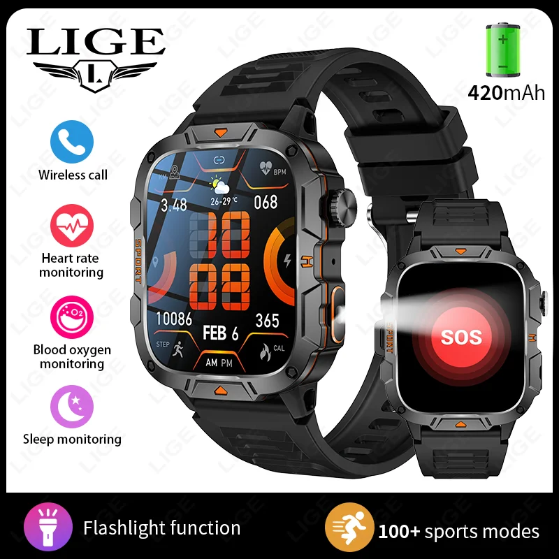 (silicone Preto) Smartwatch De Nível Militar Com Tela Sensível Ao Toque Hd De 1,96 Polegadas E Chamadas De Voz Via Bluetooth.