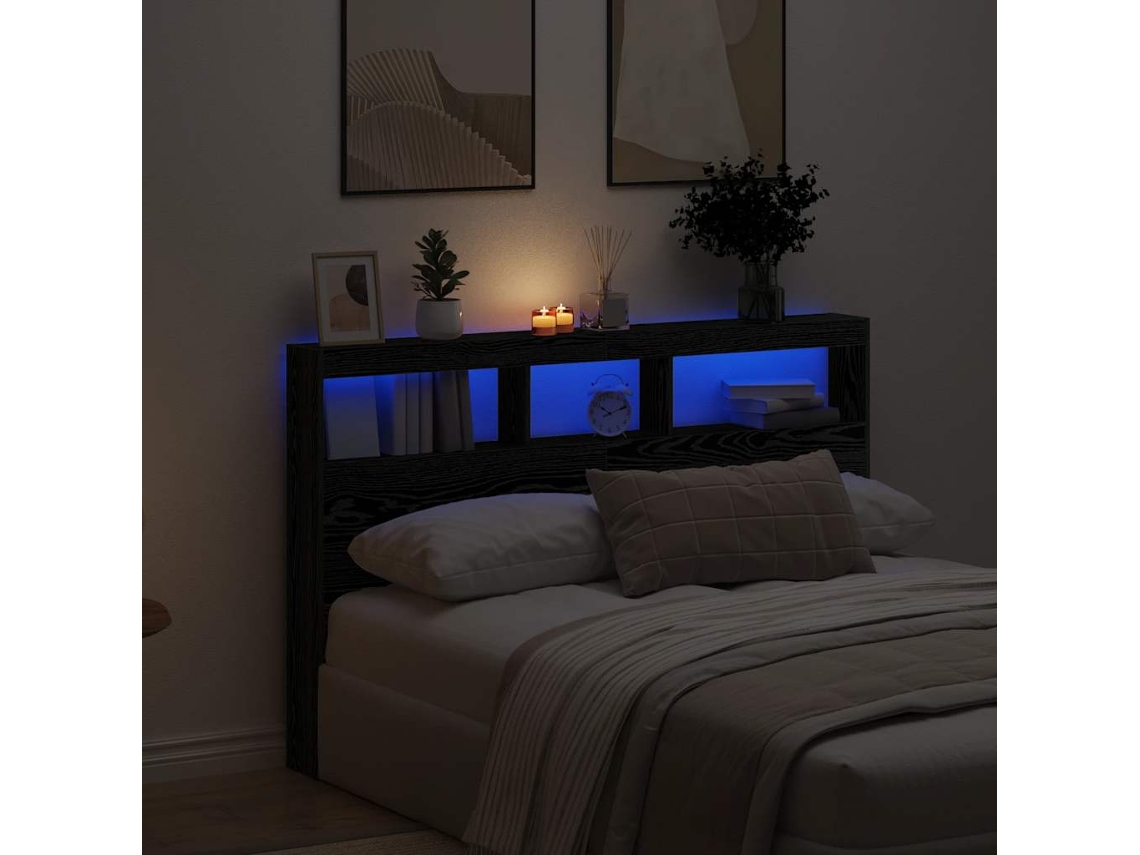 Vidaxl Armário Cabeceira C/ Luzes Led 160x17x102 Cm Carvalho Preto