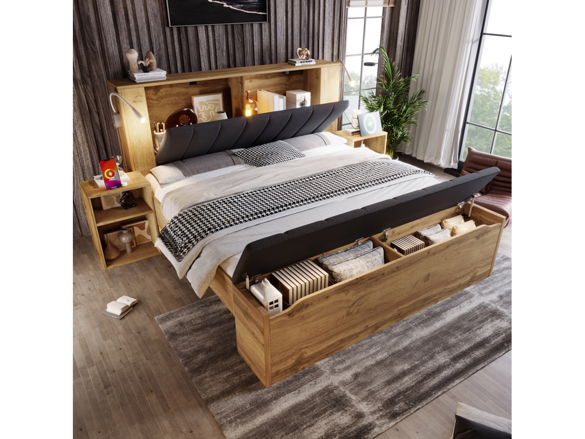 Cama De Madeira 180x200cm Com Cabeceira, Gavetas, Mesas, Lâmpadas Usb E Prateleira