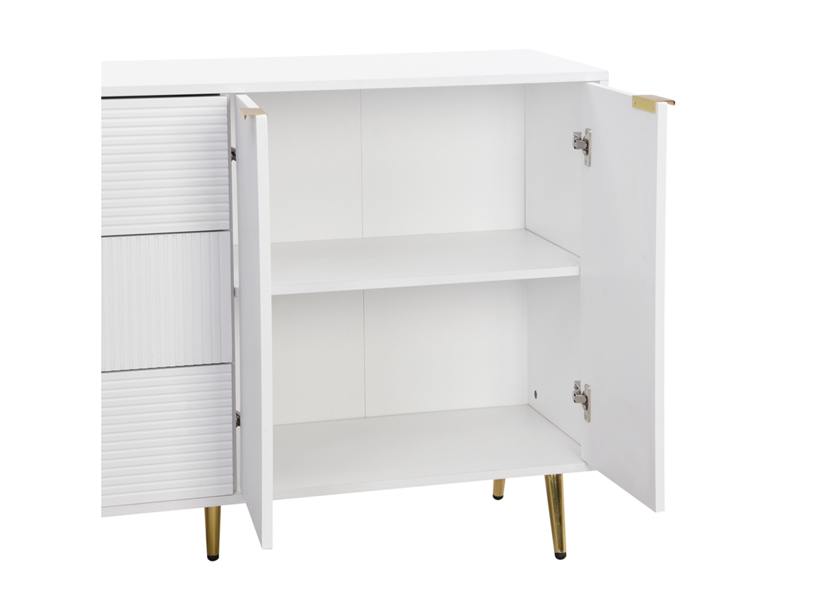 Buffet De Sala Com Portas E Gavetas, Prateleiras Internas, Punhos E Pés Metálicos Dourados Design Elegante