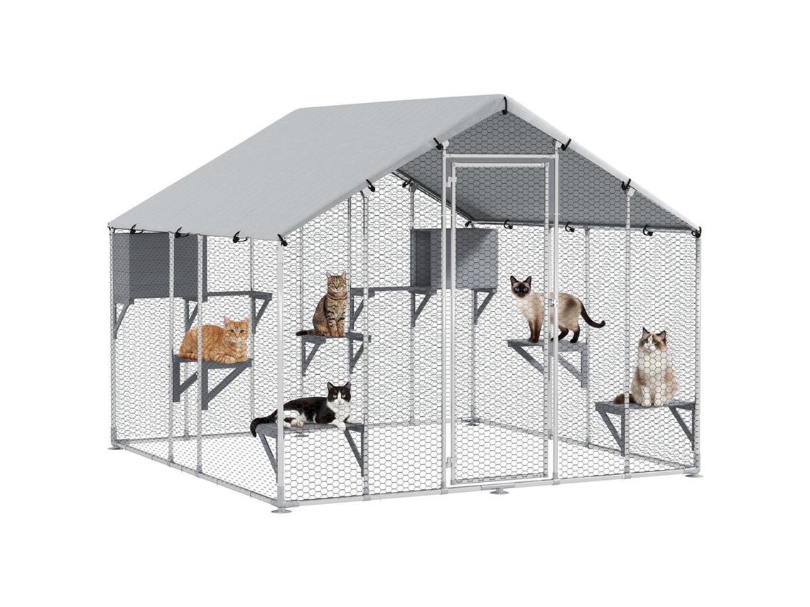 Gaiola Grande para Gatos Exterior com 2 Casinhas 7 Plataformas para Saltar Cobertura Impermeável e Anti uv 240x193x195 Cm Prata PROFESIA BOYANG