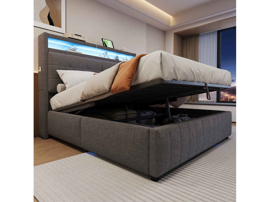 Cama Casal 160x200 Cm, Com Led E Usb, Cabeceira Com Prateleiras, Baú Hidráulico, Estrado Incluso, Tecido Linho Cinza.