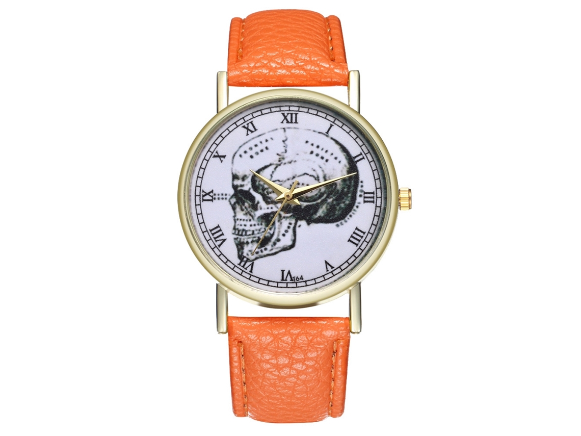 Relógio de quartzo unissex com pulseira de couro PU, estampa de caveira, numerais romanos, laranja.