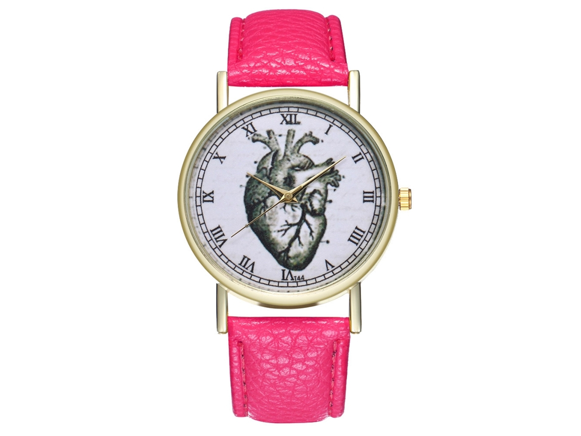 Reloj Unisex De Cuarzo Con Correa De Cuero Pu Y Dial Romano Rojo Rosa Zhoulianfa