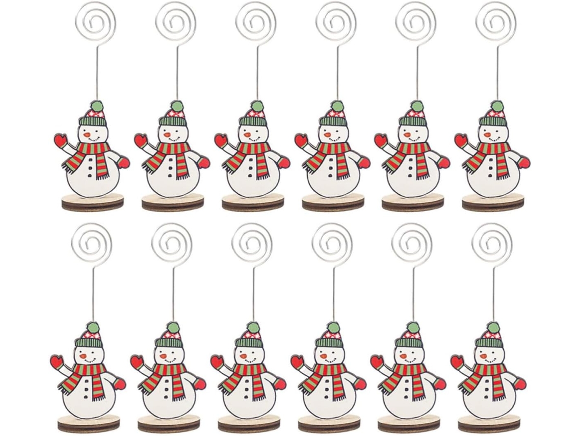 Conjunto 12 Porta Cartões Madeira Metal Design Boneco Decoração Natal Escritório Retratos Notas Festivos Neve GOKOCO