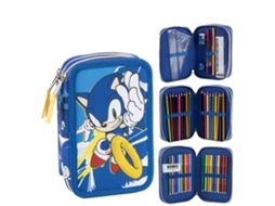 Estojo Escolar Infantil 3 Compartimentos Com Marcadores E Lápis De Cor Sonic