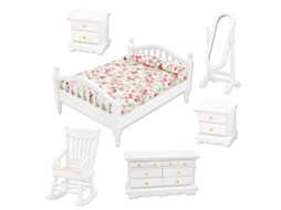 Móveis Miniatura Casa De Bonecas 1:12 Cama Casal Espelho Mesa Cadeira Armário 6pcs