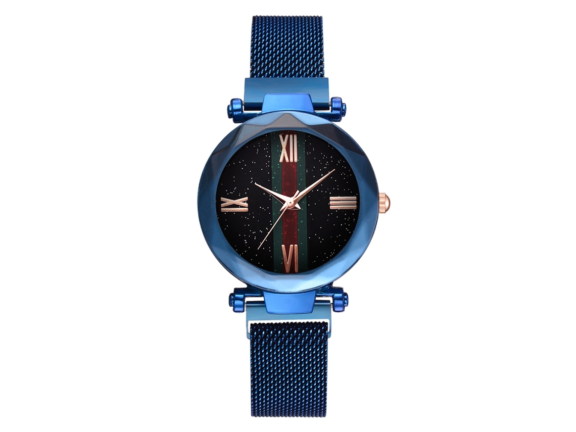 Relógio feminino com pulseira de malha magnética e mostrador com céu estrelado (azul)