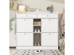 Armário De Sapatos Branco Elegante Com 4 Portas,2 Gavetas E 3 Prateleiras Abertas Ideal Para Corredores Modernos 110x26x100cm Mega Echo Trade Shop
