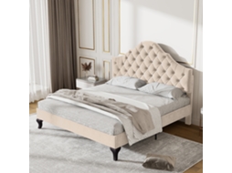 Cama Solteiro Bege 140x190cm Estofada, Veludo, Cabeceira Ajustável, Ripas. Ge