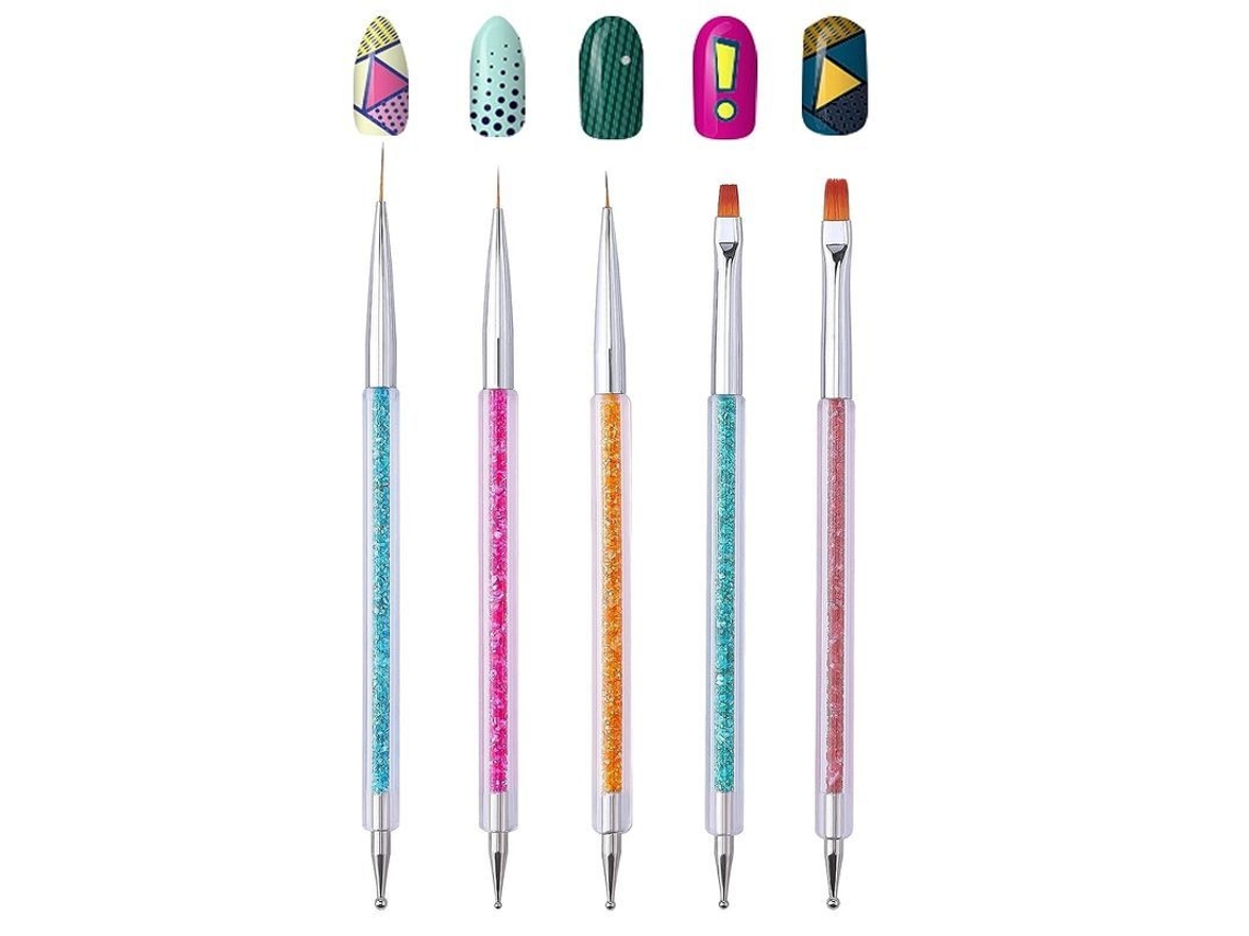 Pinceis de Arte de Unhas Conjunto com 5 Pinceis Duplos e Punho com Glitter para Iniciantes e Profissionais