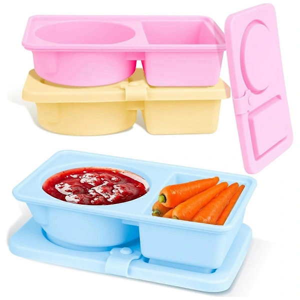 Conjunto De 3 Recipientes Reutilizáveis De Silicone Para Lanches Com Tampas, Compartimentos Duplos, À Prova De Vazamentos