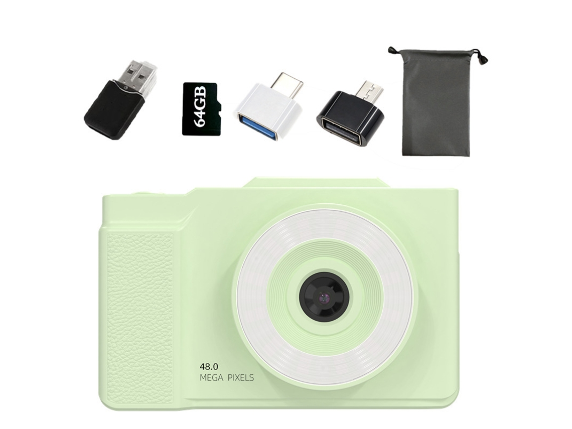 Câmera Hd 6400w, Presente Para O Dia Das Crianças, Verde (tela Articulada) + Cartão De Memória De 64 Gb + Leitor De Cartão + 2 Adaptadores + Bolsa