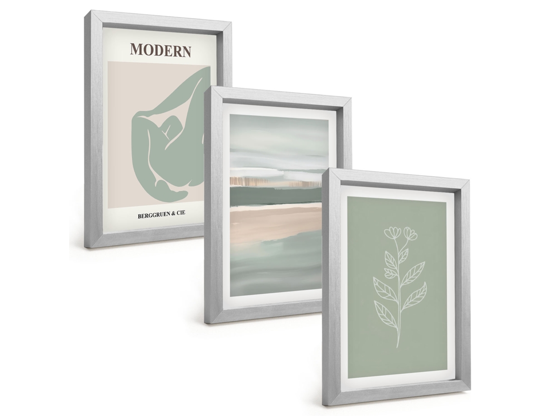 Conjunto De Pinturasformas Abstratas De Plantas Em Tons Pastel Moldura Prateada Quadros Para A Sala De Estar Espelharte (3 Peças 20x30 Cm)