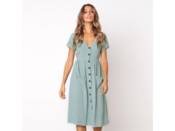 2026 vestido Casual Midi para Mulher com Manga Curta, Gola em V, Botões e Bolsos, Verão, Corte A line
