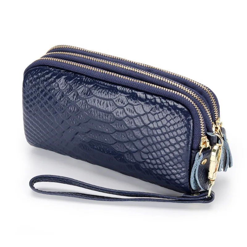 Carteira Feminina Em Couro Genuíno Azul, Bolsa De Pulso Longa Com Zíper, Carteira Feminina Moderna Com Estampa De Crocodilo.