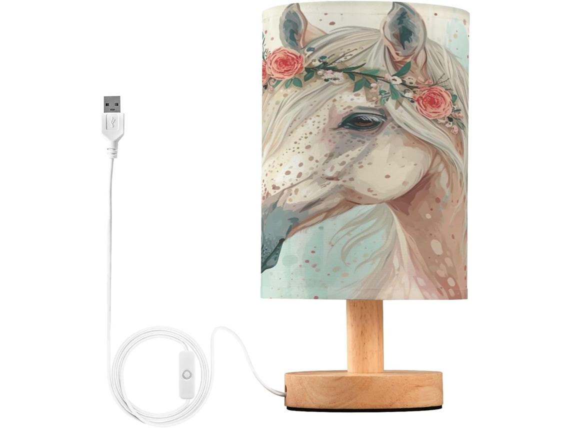 Luminária De Mesa Em Formato Cavalo Skyshu Pequena Led Usb Com Base Madeira Antiderrapante E Cúpula Que Não Agride Os
