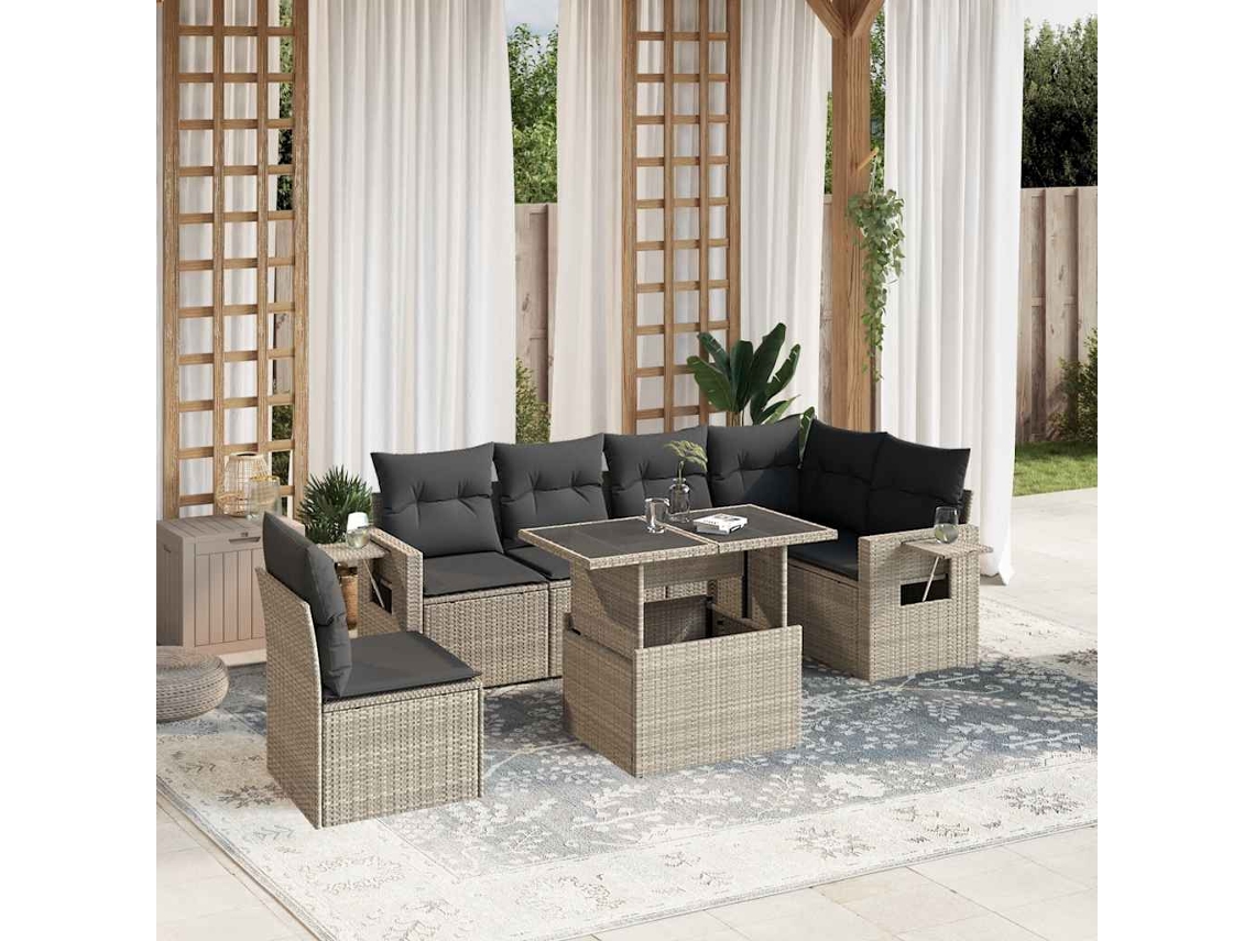 Vidaxl 7 Pcs Conj. Sofás Jardim com Almofadões Vime Pe Cinzento claro
