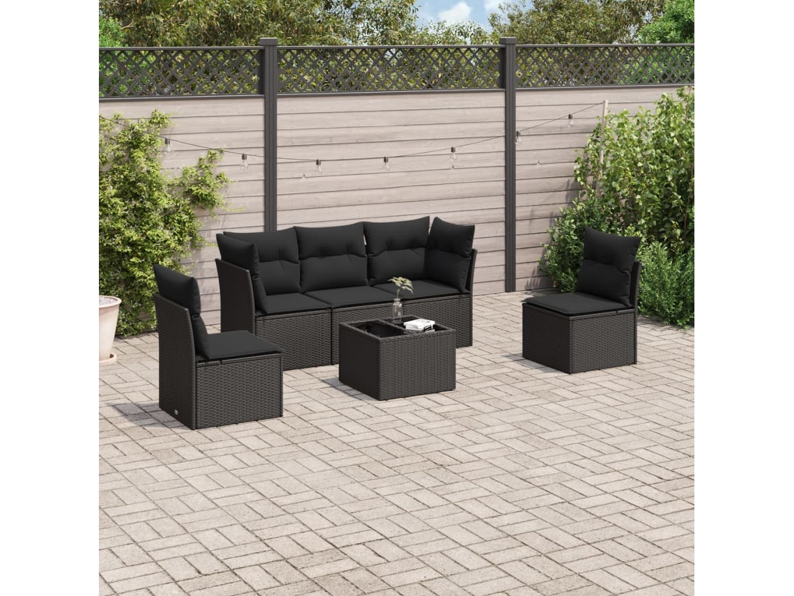 Vidaxl 6 Pcs Conjunto Sofás De Jardim C/ Almofadões Vime Pe Preto