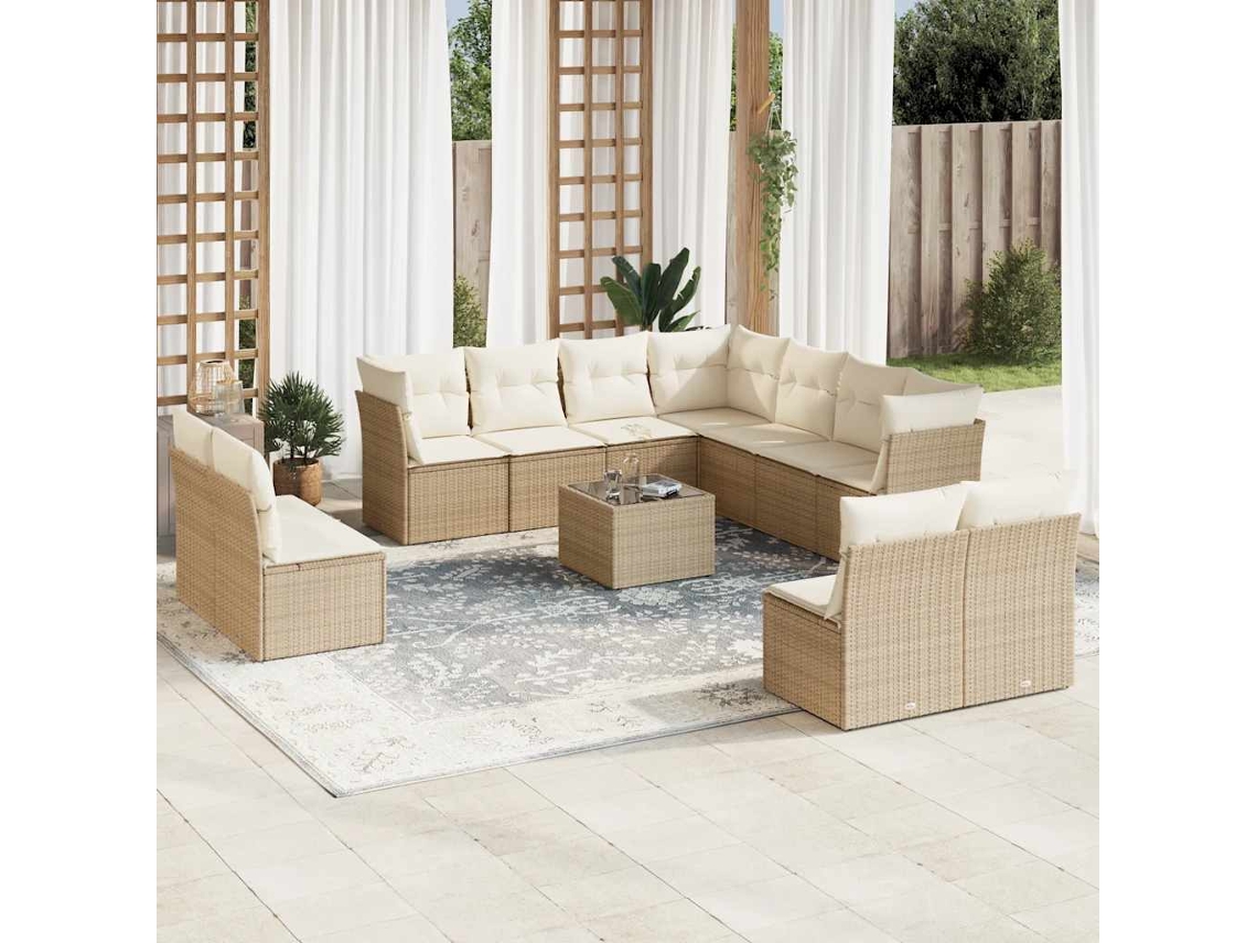 Vidaxl 12 Pcs Conjunto De Sofás P/ Jardim Com Almofadões Vime Pe Bege