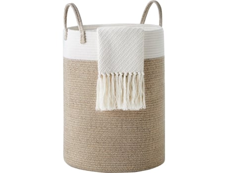 Cotton Rope Blanket Laundry Basket Woven Storage Basket With Handle Toy Storage Basket 58l (38cm(d)x50cm(h), White And Brown)