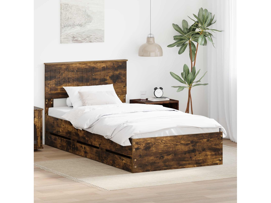 Vidaxl Estrutura Da Cama Com Gaveta Carvalho Defumado 100 X 200 Cm