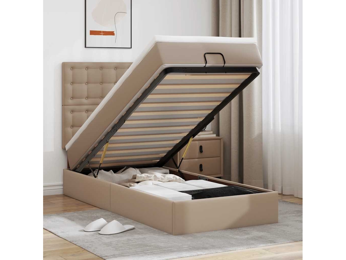 Vidaxl Cama Otomana Com Colchão 90x190 Cm Couro Artificial Cappucino