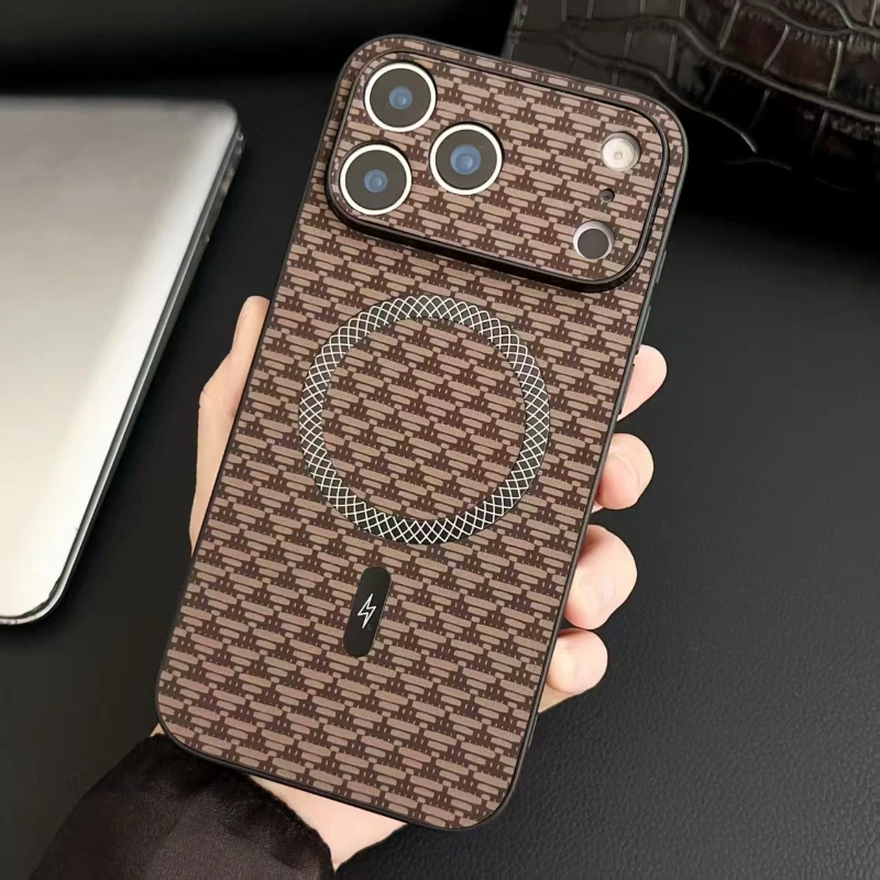 (marrom 16plus) Capa Para Celular Com Textura De Couro, Compatível Com Carregamento Sem Fio E Resistente A Impactos.