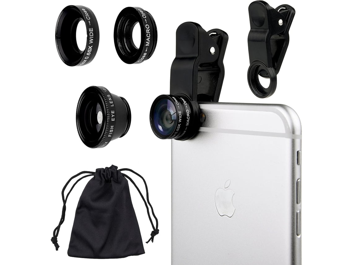 Kit Universal De Lentes Para Câmera De Celular 3 Em 1 Com Fisheye, Macro, Ângulo Amplo, Clip Universal, Bolsa E Pano De Limpeza*
