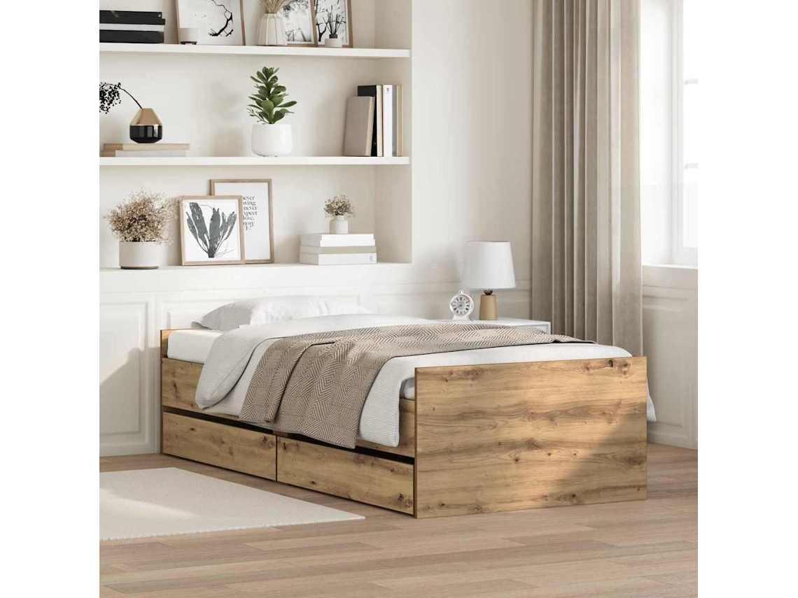 Vidaxl Estrutura Da Cama Com Gaveta Carvalho Artesanal 90 X 200 Cm