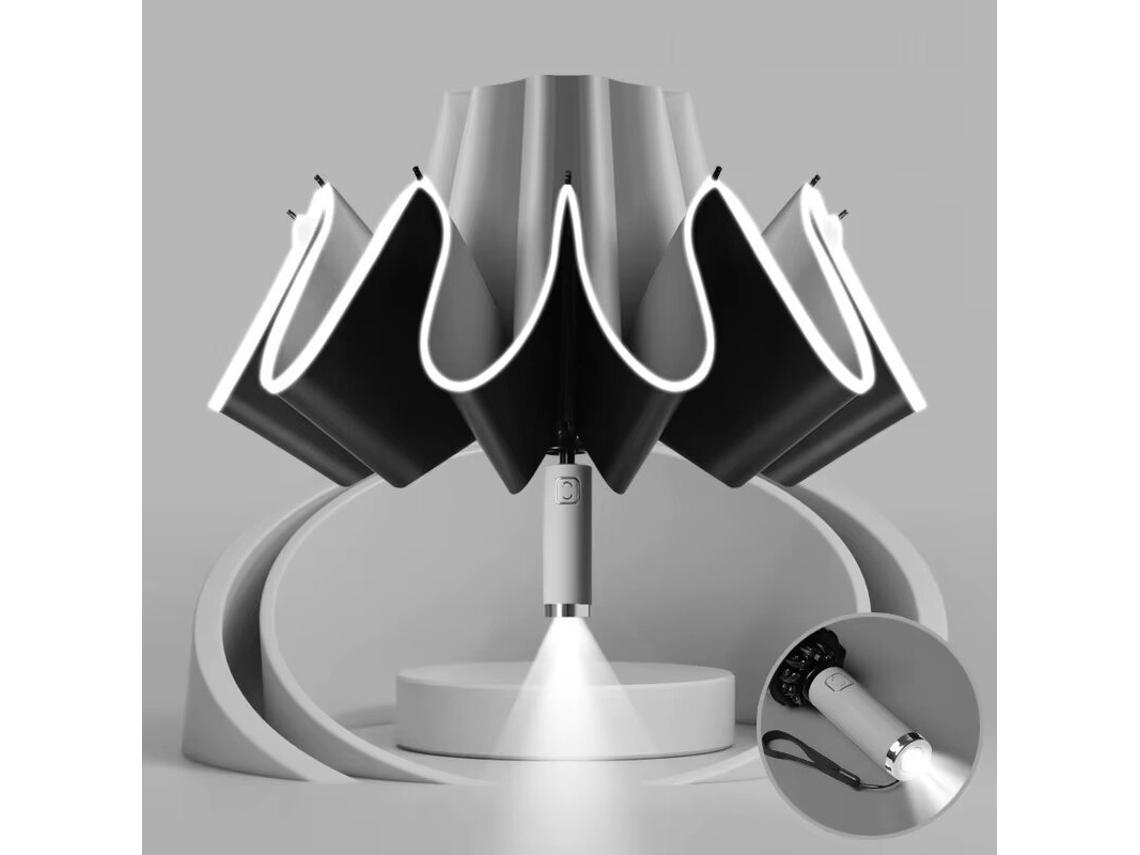 Guarda chuva Dobrável Automático Bege com Design Aprimorado À Prova de Vento Faixa Refletora Luz Led Alça Prática e Resistente À Chuva MDUG