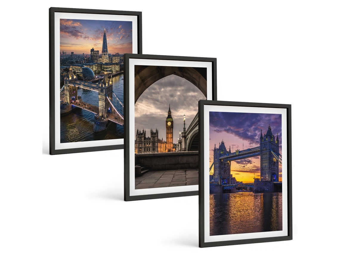 Composição De Quadros Cidade, Pontes, Torres De Relógio Moldura Preta Quadros Para O Escritório Espelharte (3 Piezas De 40x60 Cm)