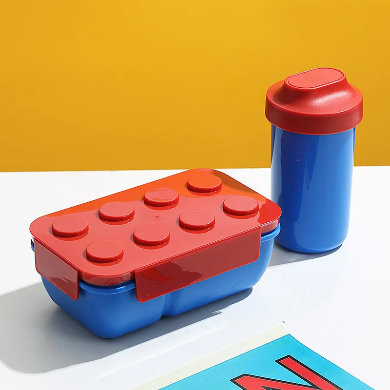 (vermelho 1050ml Com Copo) Lancheira Criativa Em Formato De Bloco De Montar, Feita De Plástico Pp Comestível, Própria Para Micro-ondas.