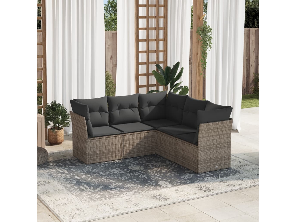 Vidaxl 5 Pcs Conjunto Sofás De Jardim C/ Almofadões Vime Pe Cinzento