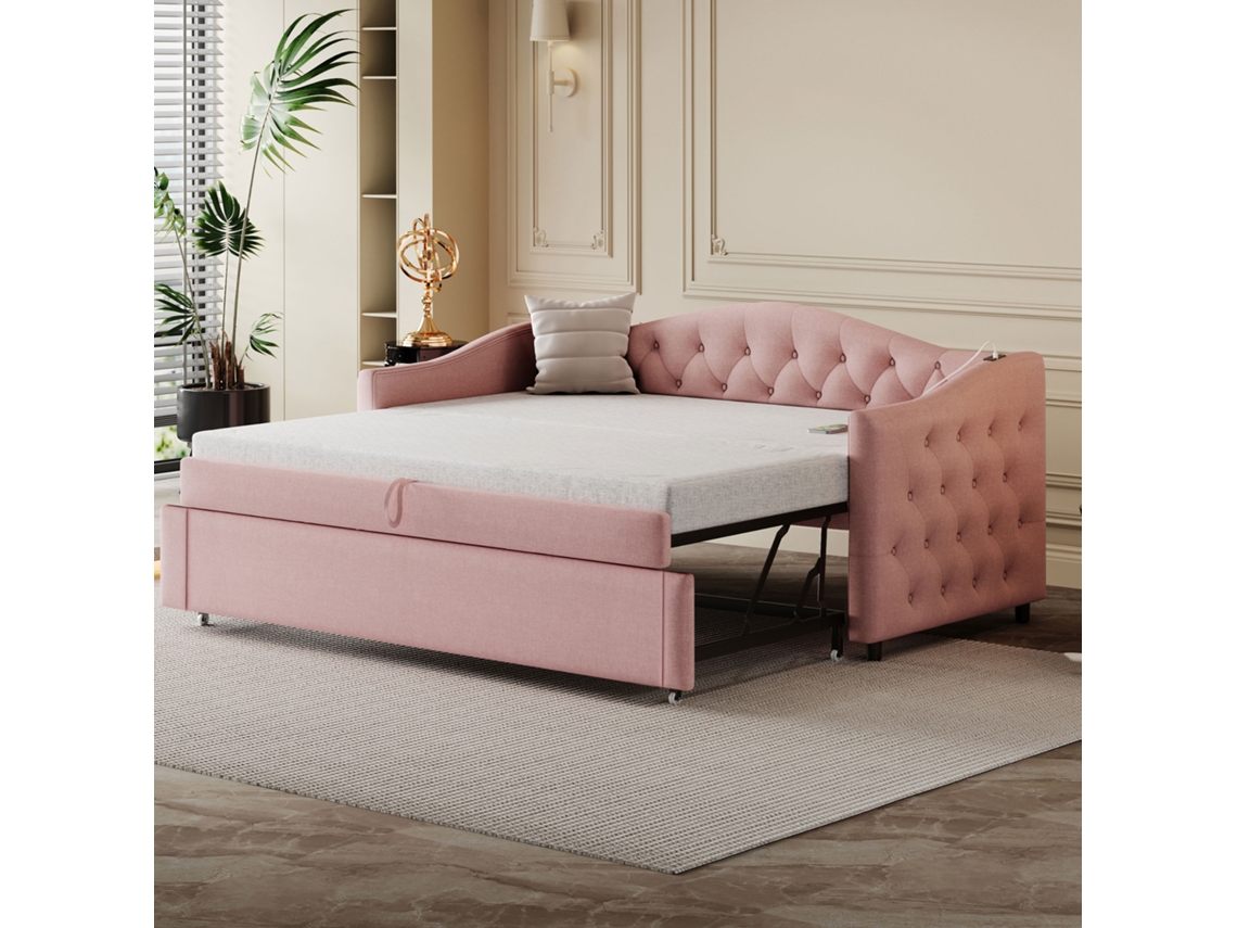 Sofá cama Rosa 90x200 Estrado Usb Botões Multifuncional