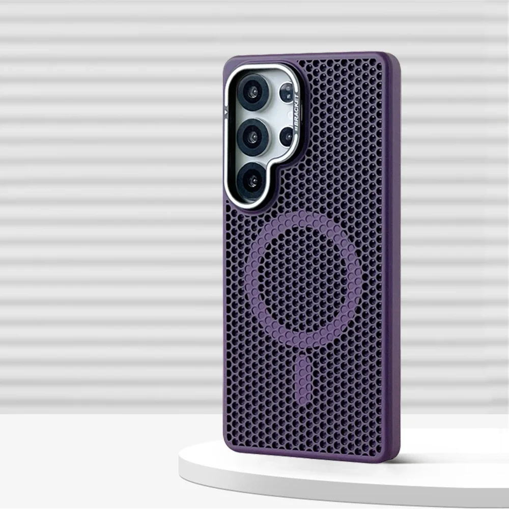 (roxo Escuro, Samsung S25 Plus) Capa Protetora Magnética Com Dissipação De Calor Em Malha E Suporte Para Lente.