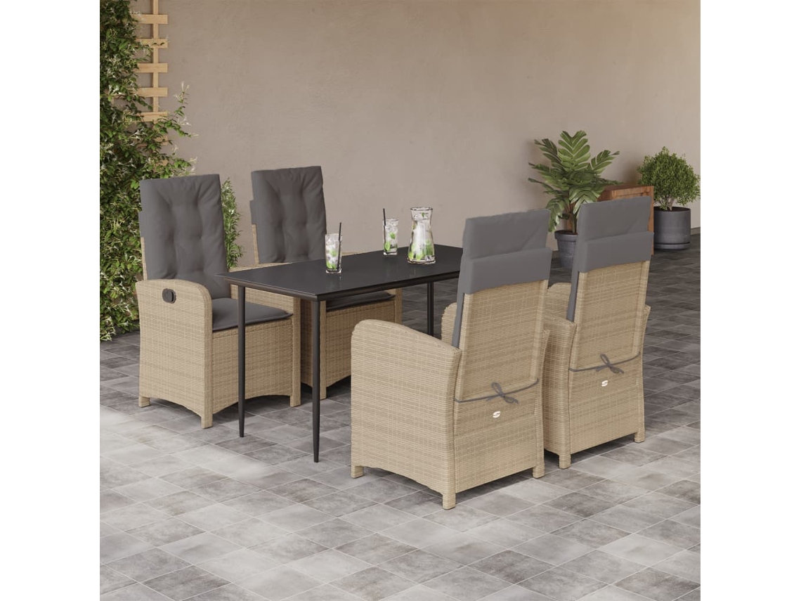 Vidaxl 5pcs Conj. Jantar Jardim C/ Almofadões Vime Pe Bege Misturado
