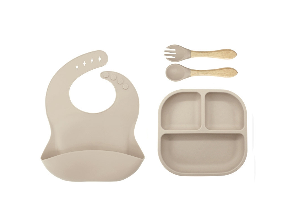 Talheres Infantil de Silicone 4 em 1 com Prato, Babete, Colher e Garfo,bege GERTIZ