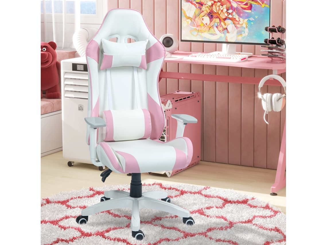 Cadeira Gaming Reclinável Com Almofada Lombar Apoio De Cabeça Basculante E Altura Ajustável 67x60x120-128 Cm Branco E Rosa