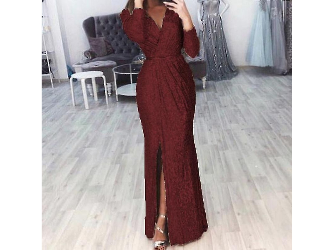 Vestido longo Rebe feminino com lantejoulas, decote em V profundo, mangas compridas e fenda, ideal para festas noturnas. Tamanho G, cor vermelho vinho.
