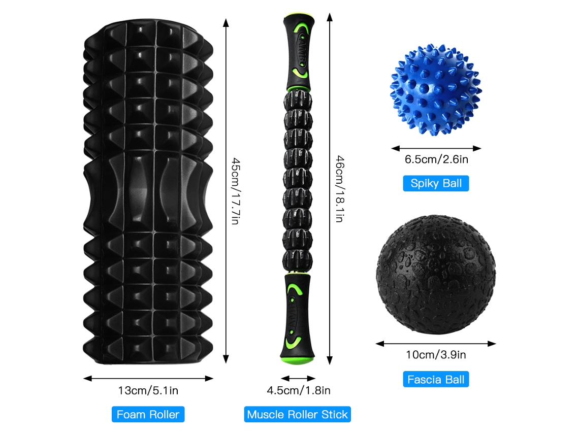 Kit de massagem 5 em 1 para alívio muscular com rolo, bola sagital e apoio de braço.