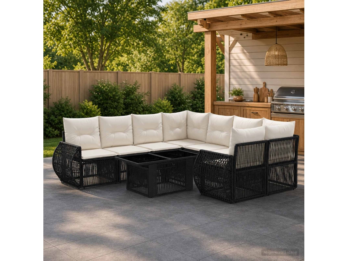Vidaxl Conjunto De Sofá De Jardim 9 Unid. Preto E Branco Creme Vime Pe