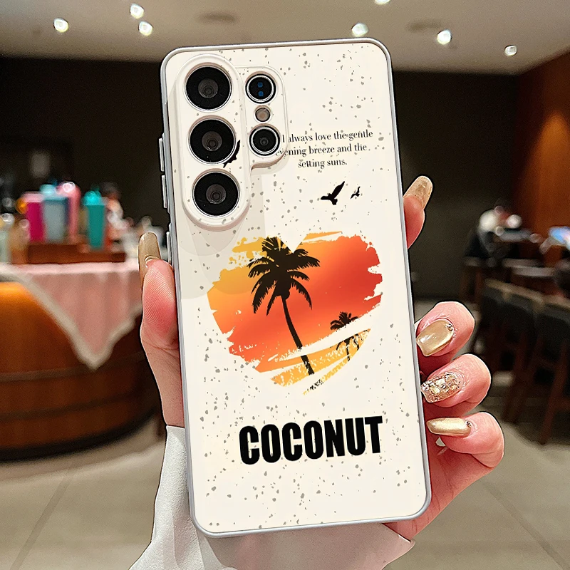 Capa Para Celular Galaxy A56 Com Estampa De Coqueiro À Beira-mar (cinza) E Fixação Magnética.