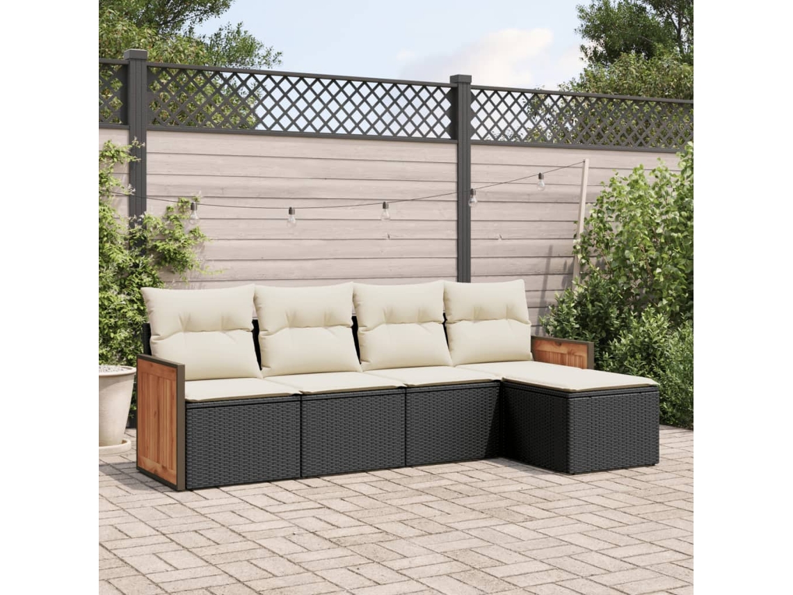 Vidaxl 5 Pcs Conjunto Sofás De Jardim Com Almofadões Vime Pe Preto