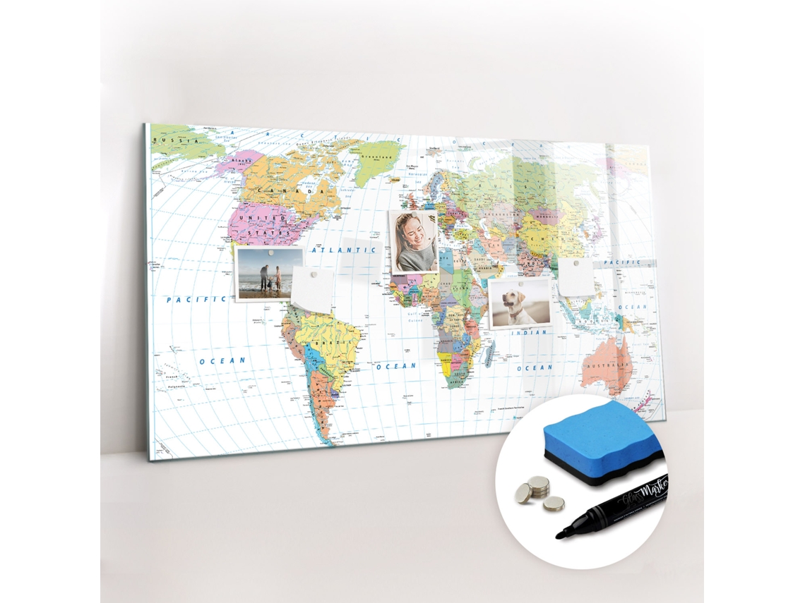 Quadro Magnético De Parede Mapa-múndi Político Para A Sala De Estar Espelharte (120x60 Cm)