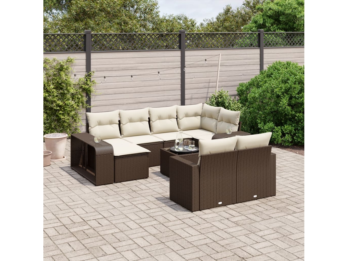 Vidaxl 11 Pcs Conjunto Sofás De Jardim C/ Almofadões Vime Pe Castanho