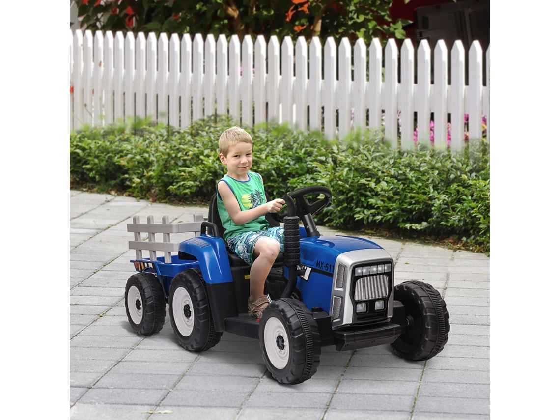 Carro Elétrico Infantil Azul Para Crianças De 3 A 6 Anos, Com Trailer, Controle Remoto, Faróis E Velocidade Ajustável De 3 A 6 Km/h