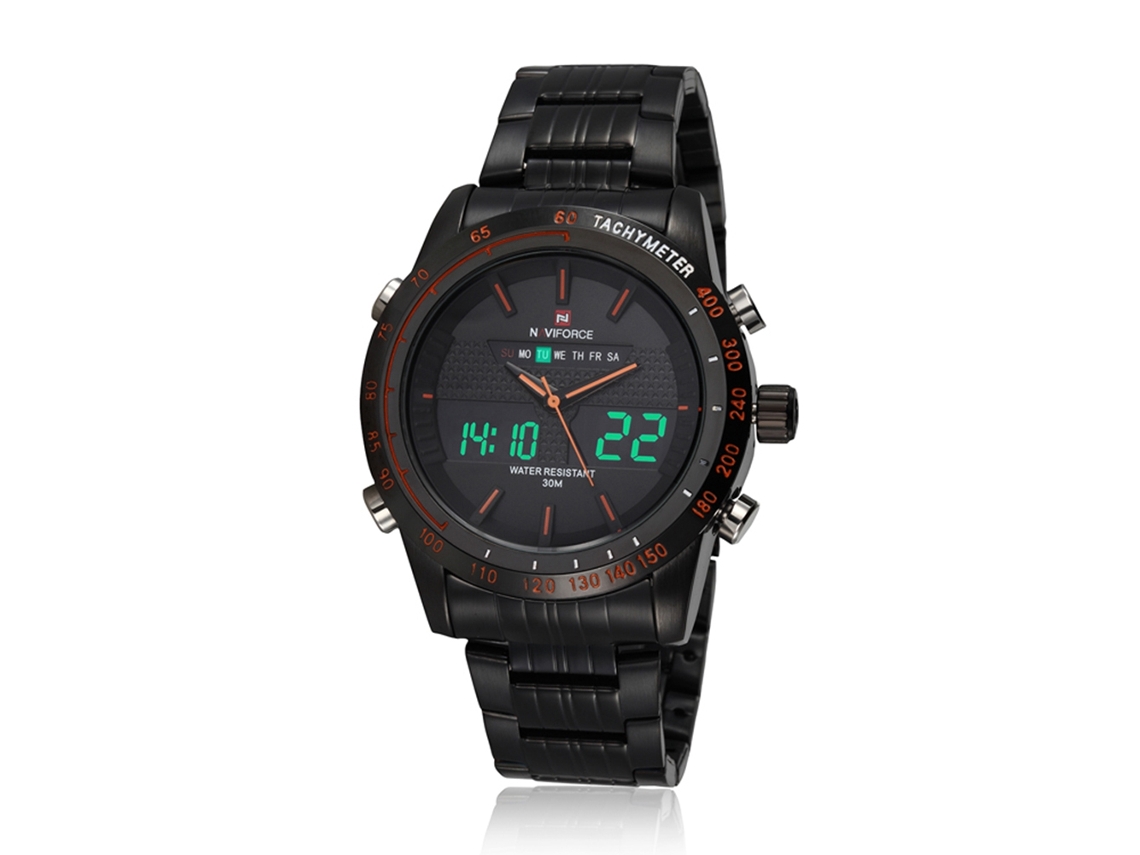 Relógio esportivo masculino Naviforce, aço inoxidável, resistente à água, quartzo, preto e laranja.